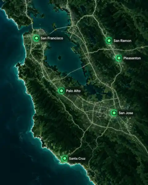 Map of RATVEX service areas: San Francisco, San Ramon, Pleasanton, Palo Alto, San Jose and Santa Cruz
